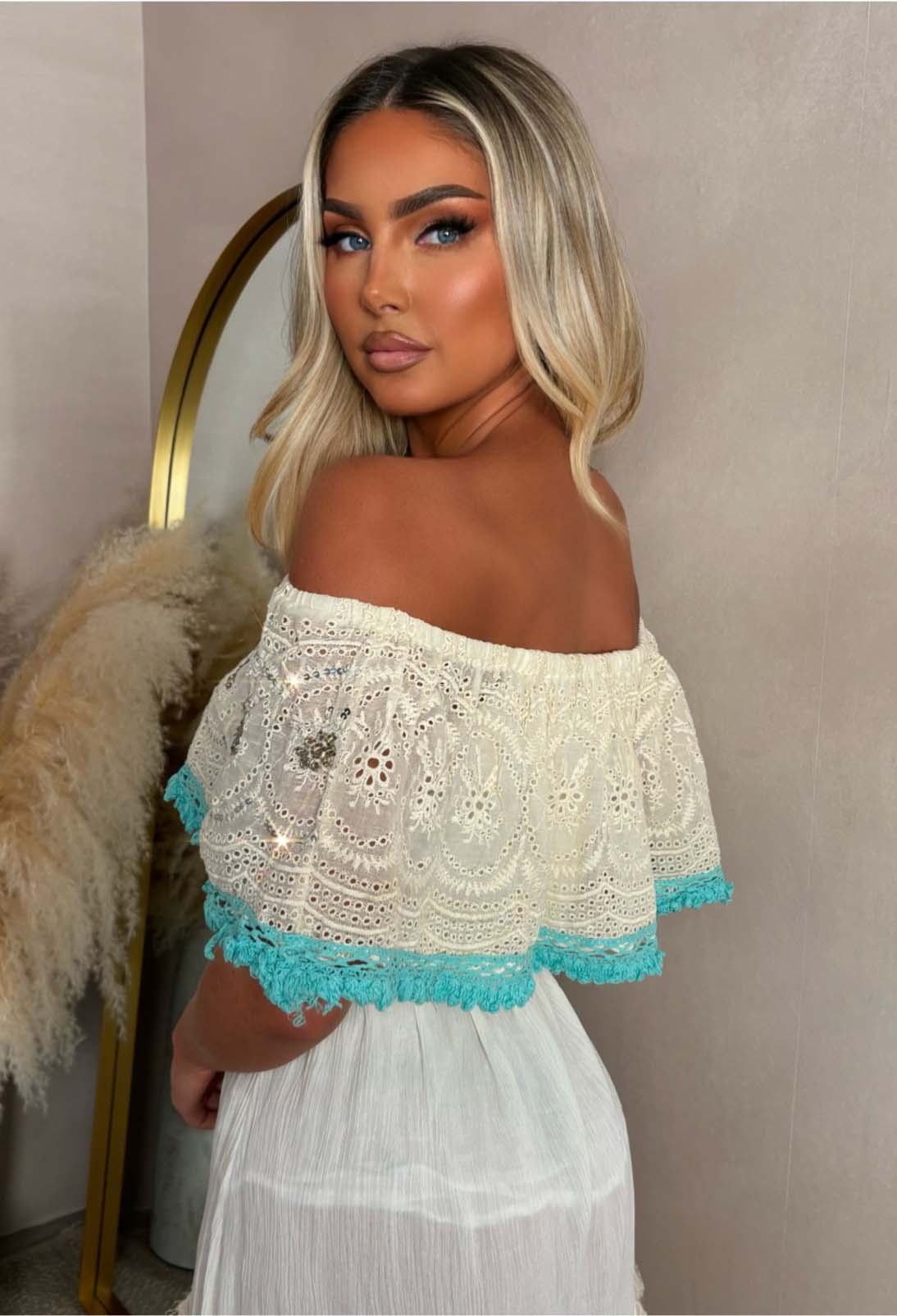 Clover Petal Stone Bardot Boho Chambray Dress