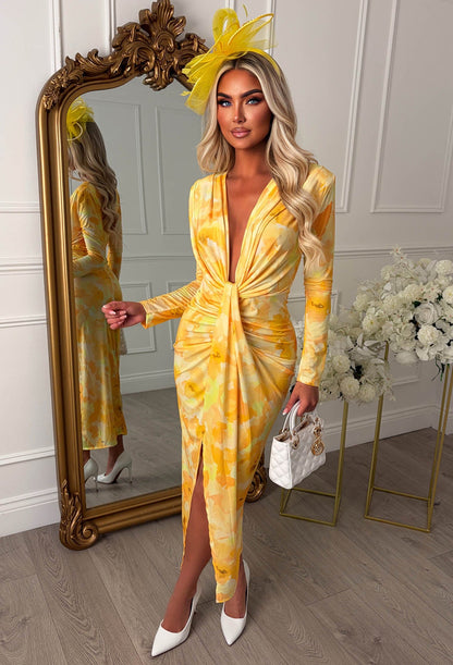 Cocktail Chic Lemon Stretch Long Sleeve Plunge Ruched Midi Dress