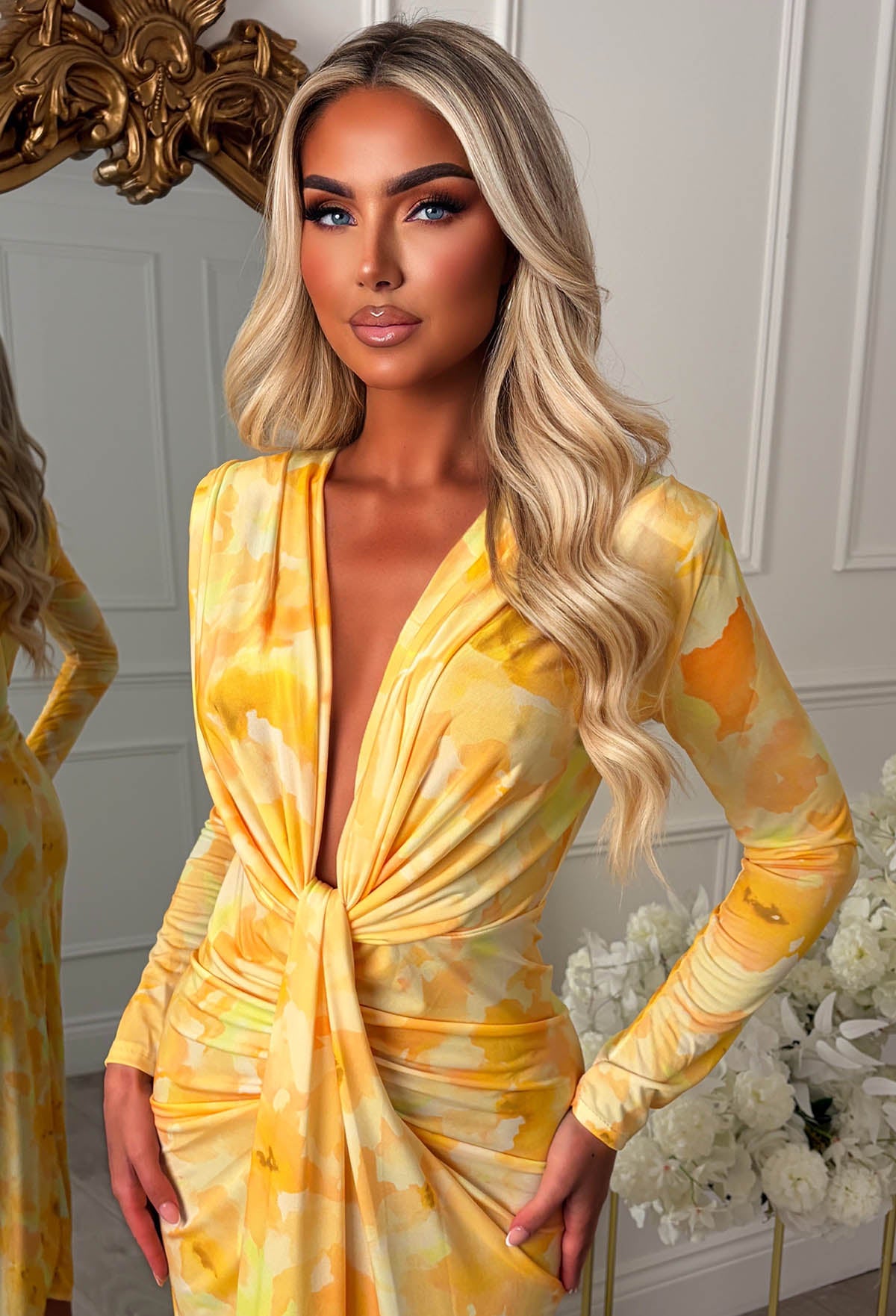 Cocktail Chic Lemon Stretch Long Sleeve Plunge Ruched Midi Dress