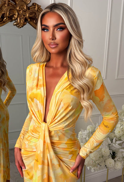 Cocktail Chic Lemon Stretch Long Sleeve Plunge Ruched Midi Dress