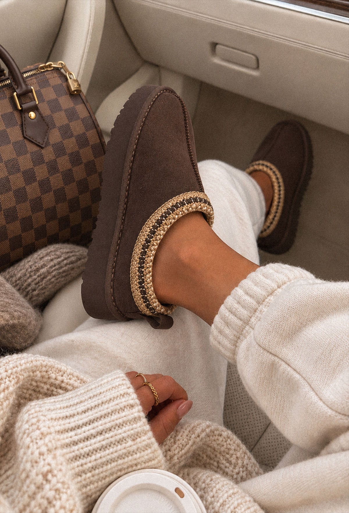Brown Aztec trim faux fur lined boot with chunky sole and textured suede-look finish.