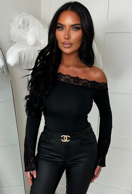 Dare To Dream Black Lace Asymmetric Neck Flare Sleeve Top
