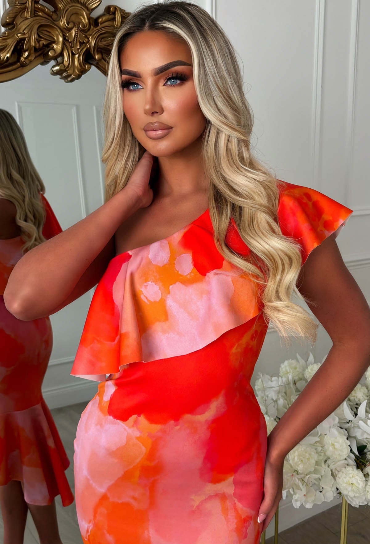 Darling Daydream Pink Abstract Asymmetric Ruffle Midi Dress