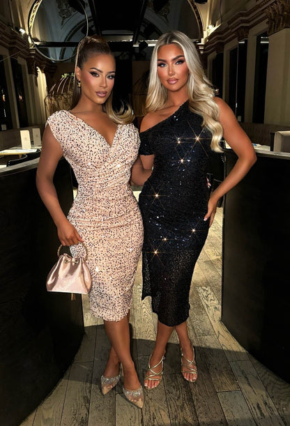 Dixie Sparkle Navy Off Shoulder Sequin Midi Dress