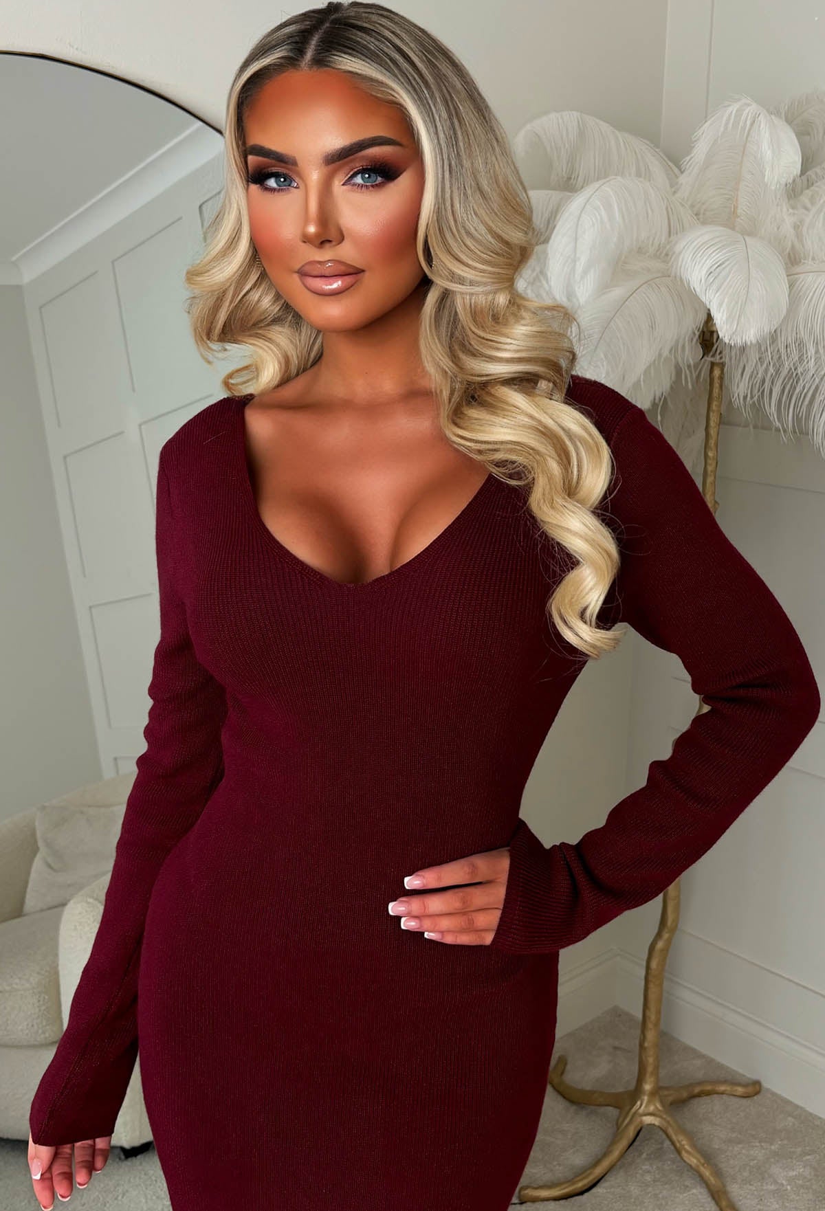 Doll Vibes Berry Backless Bow Detail Knitted Midi Dress