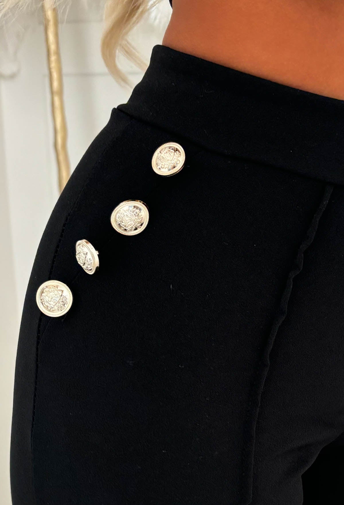 Drama Darling Black Flared Gold Button Flared Trousers
