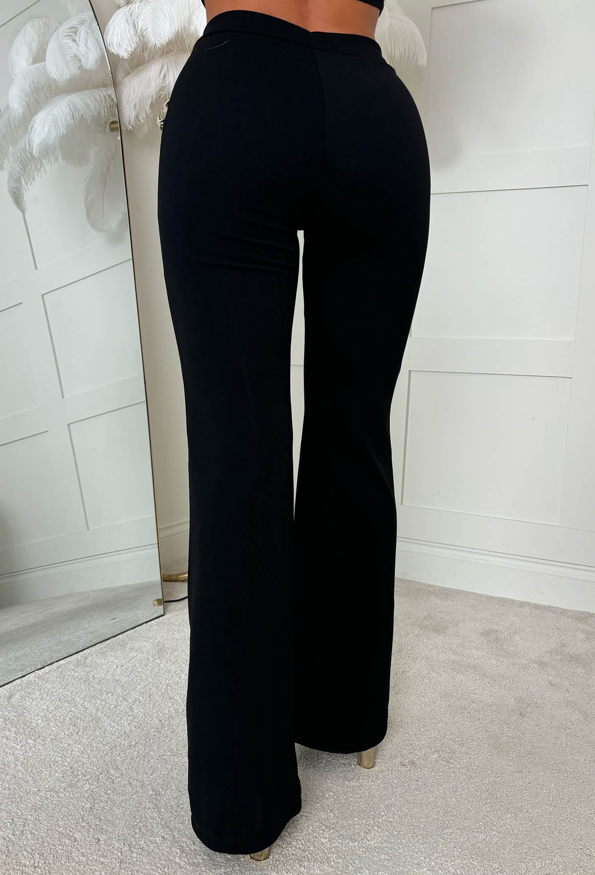 Drama Darling Black Flared Gold Button Flared Trousers