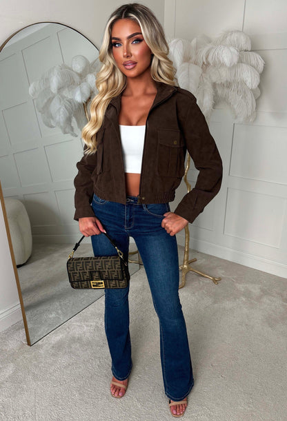 Fall Back Chocolate Brown Faux Leather Bomber