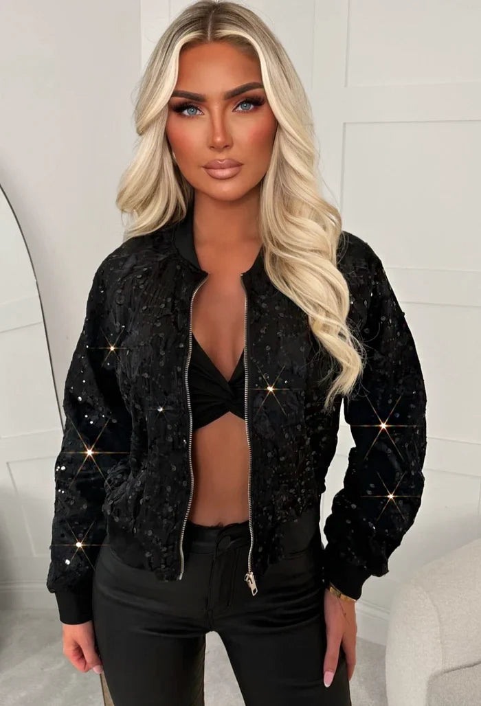 Feeling Lacey Black Lace Sequin Bomber Jacket