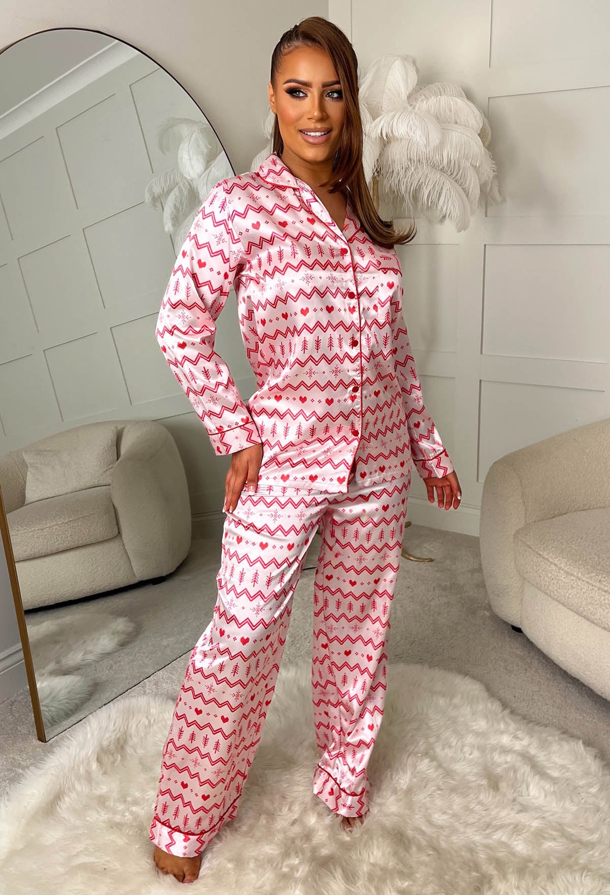 Festive Chic Light Pink Fairisle Print Long Sleeve Pyjama Set
