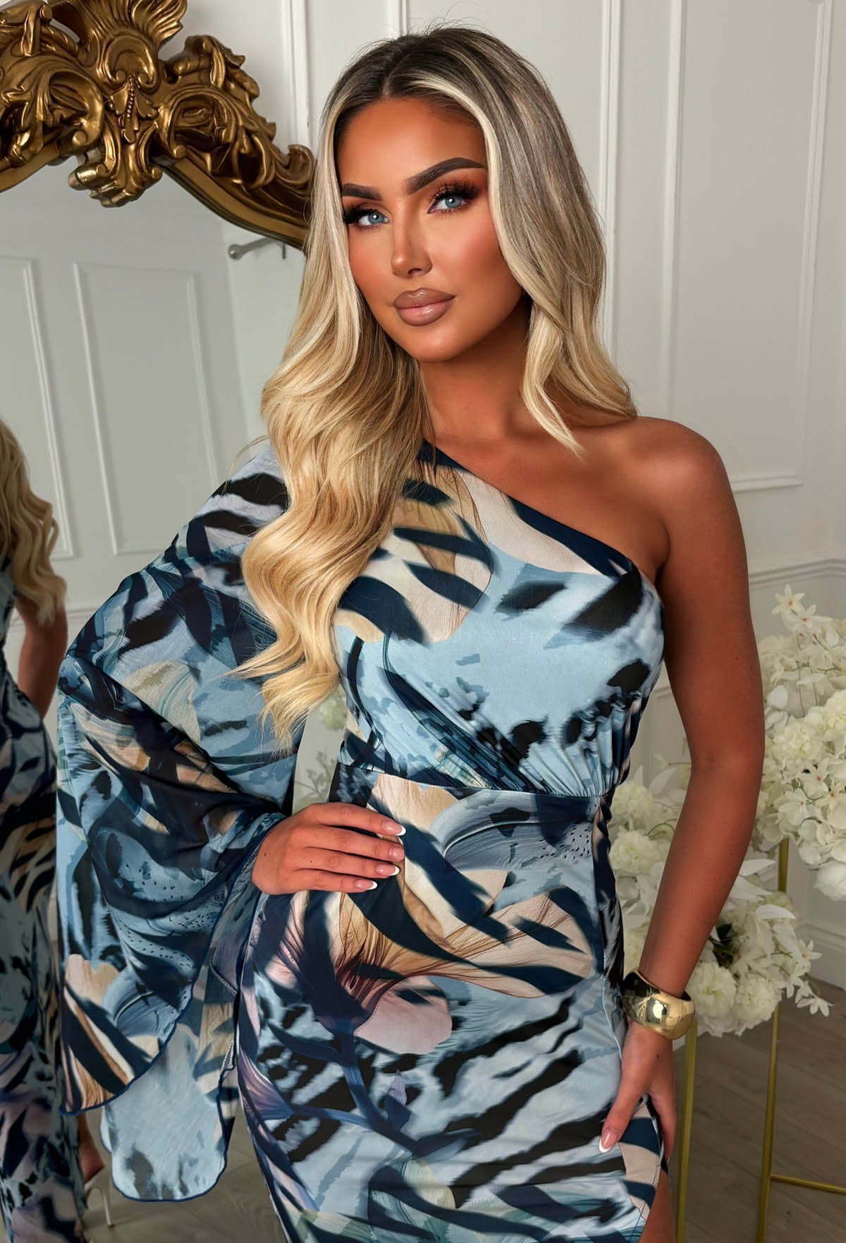 Fierce Elegance Blue Split Front One Sleeve Maxi Dress