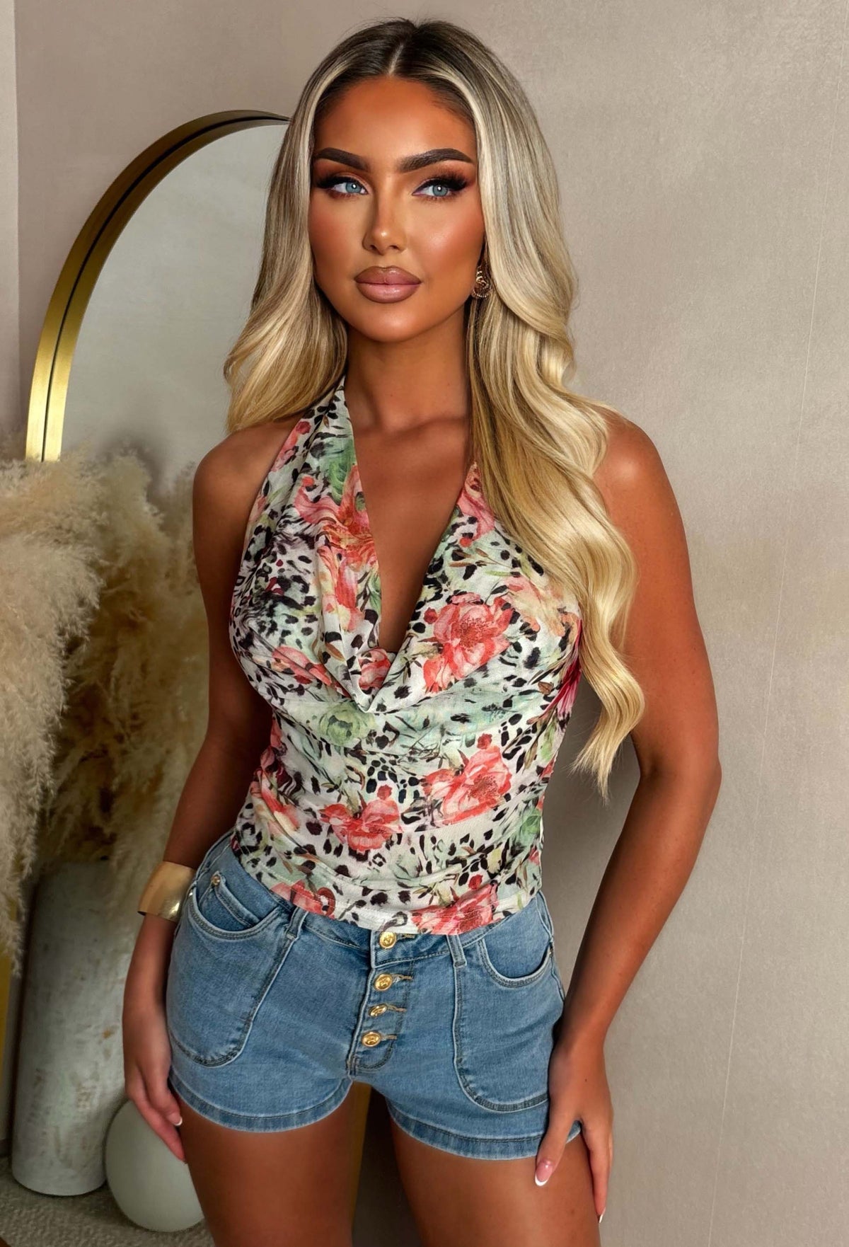 Fierce Floral Multi Animal Print Halter Neck Top