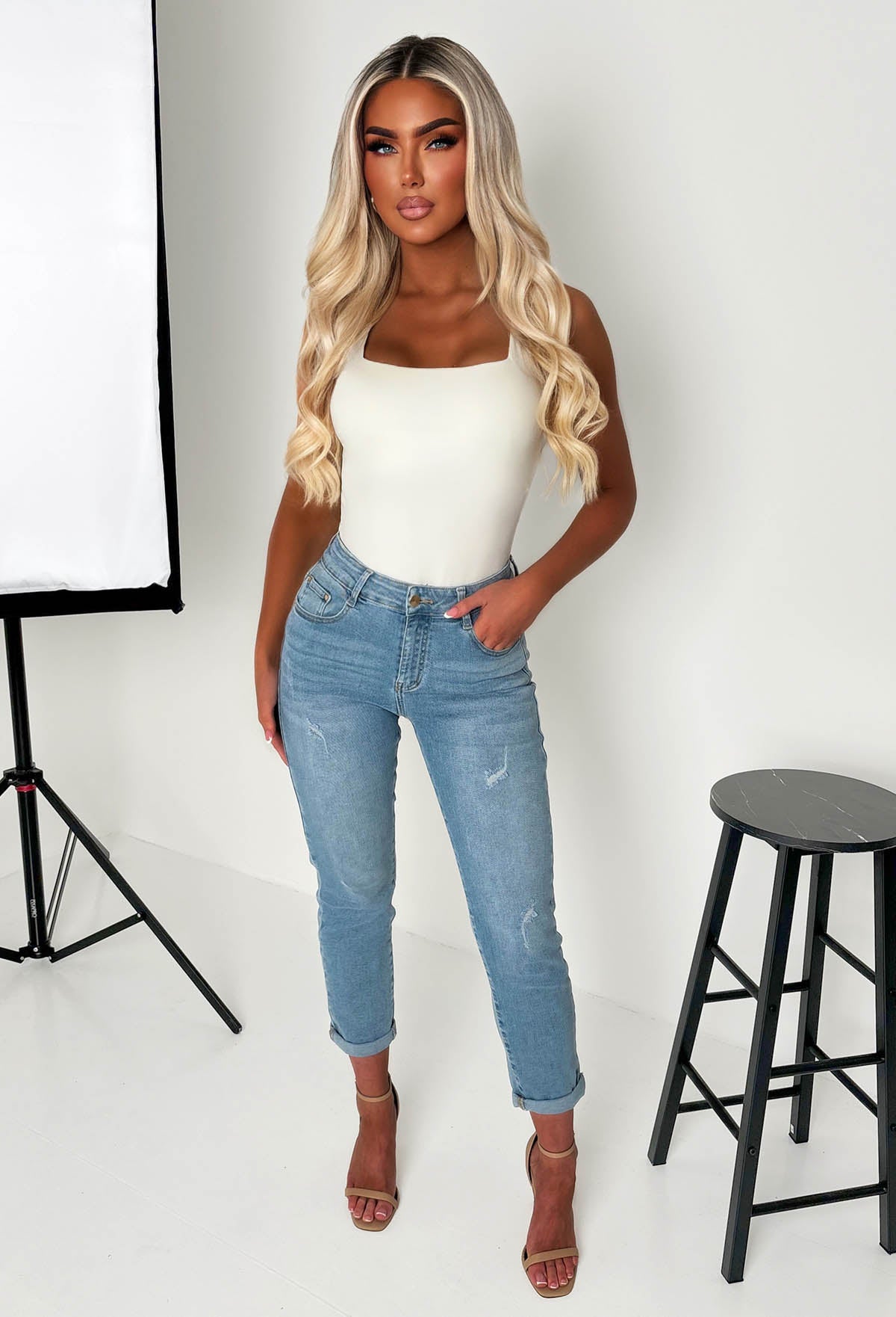 Fierce Forever Mid Blue Stretch Distressed Turn Up Mom Jeans