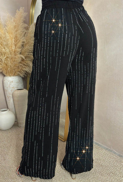 Flirty Sips Black Diamante Straight Leg Elasticated Trousers