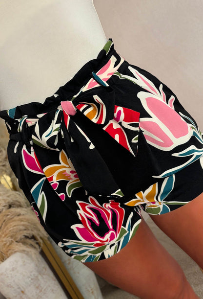 Floral Escape Black Belted Printed Elasticated Shorts