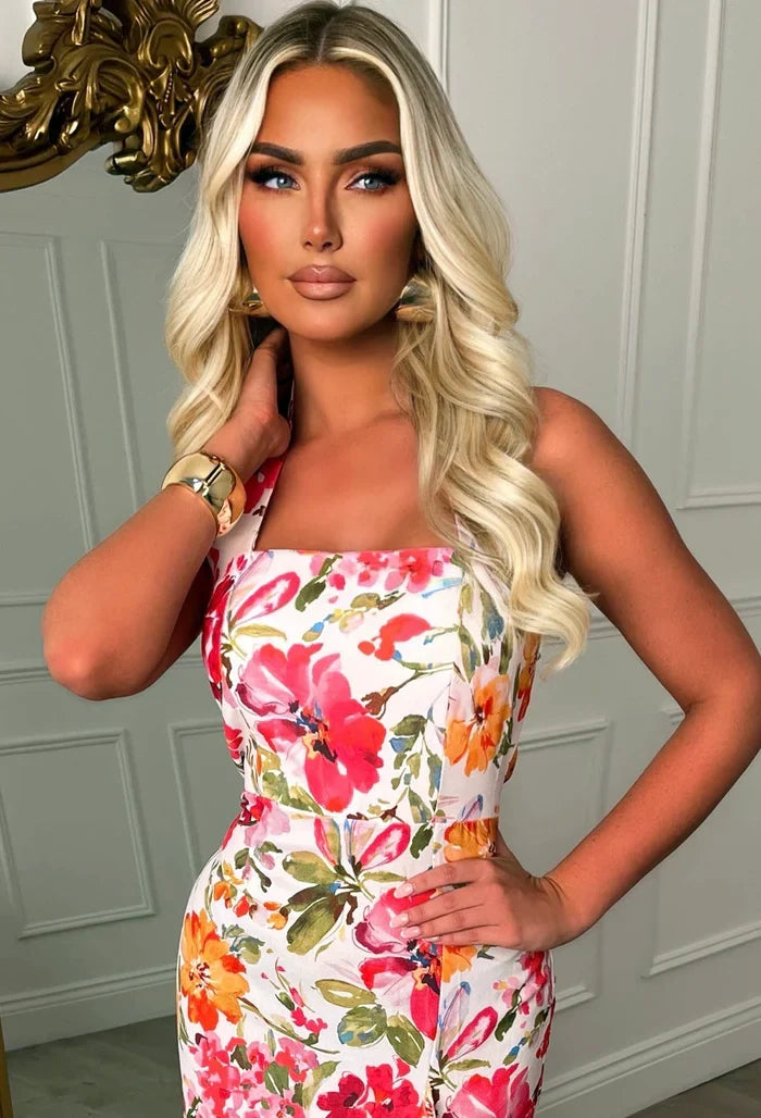 Floral Fantasy Multi Frill Front Halter Floral Midi Dress