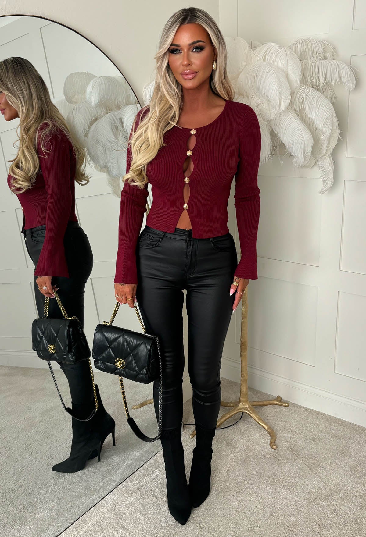 Forever Be Mine Burgundy Gold Button Flared Sleeve Cardigan