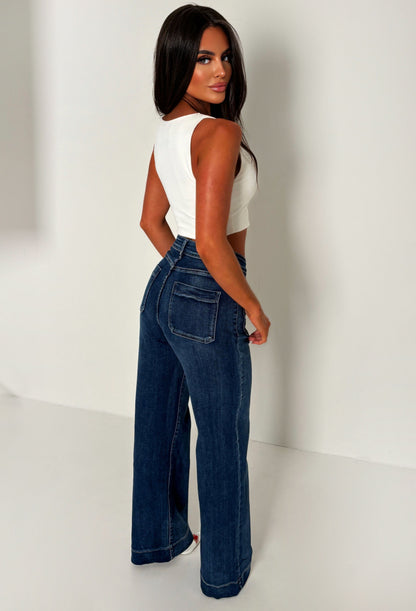 Frankie Mid Blue Gold Trim Stretch Wide Leg Jean