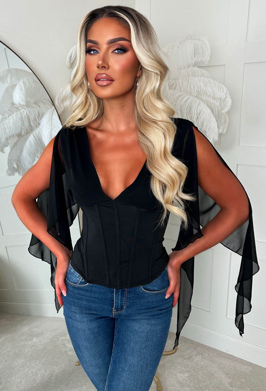 Black corset mesh drape sleeve top featuring a deep V neckline, sheer flowing sleeves and structured bodice.