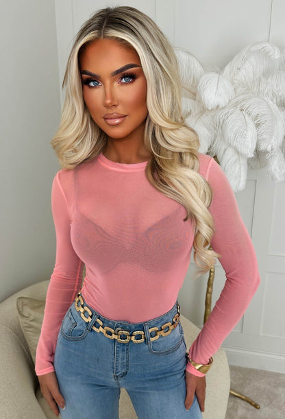 Hard To Miss Coral Sheer Mesh Bodysuit