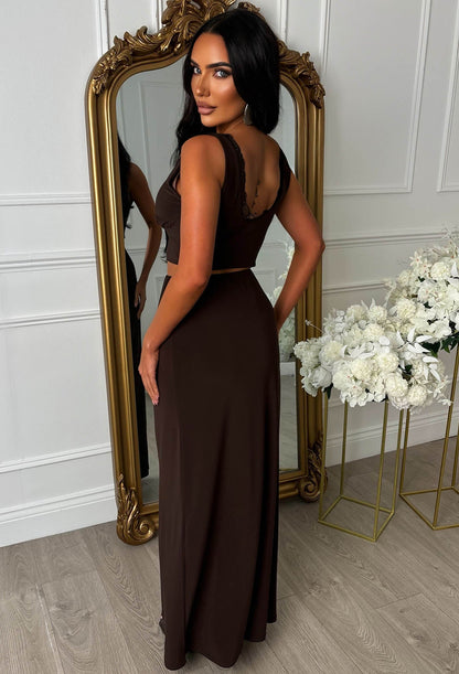 Haute For You Chocolate Brown Lace Trim Detail Skirt Co-Ord Set