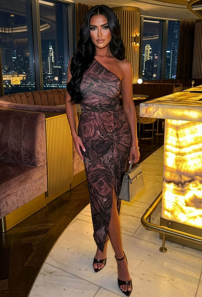 Heatwave Hottie Chocolate Brown Twist Front One Shoulder Rose Print Ruched Back Dress
