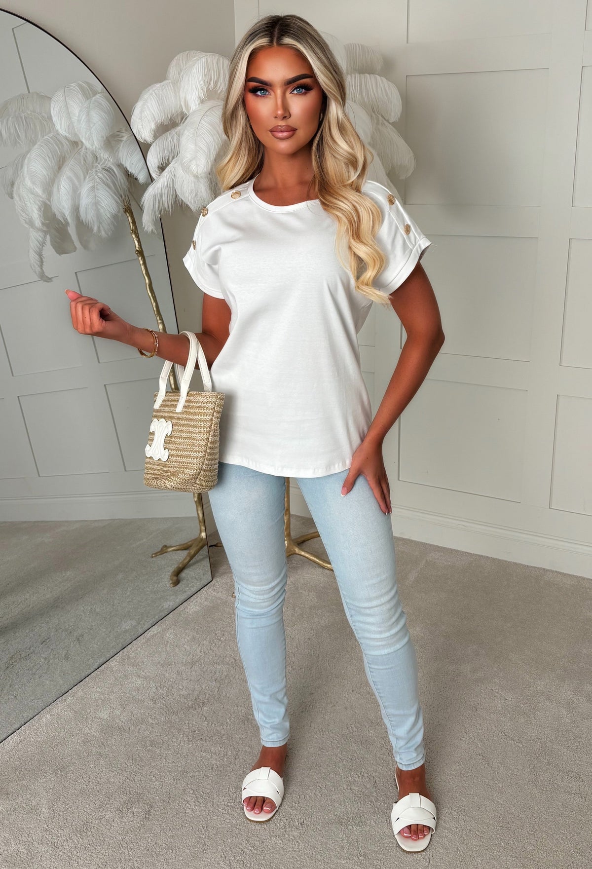 Holly White Basic Gold Button T-shirt