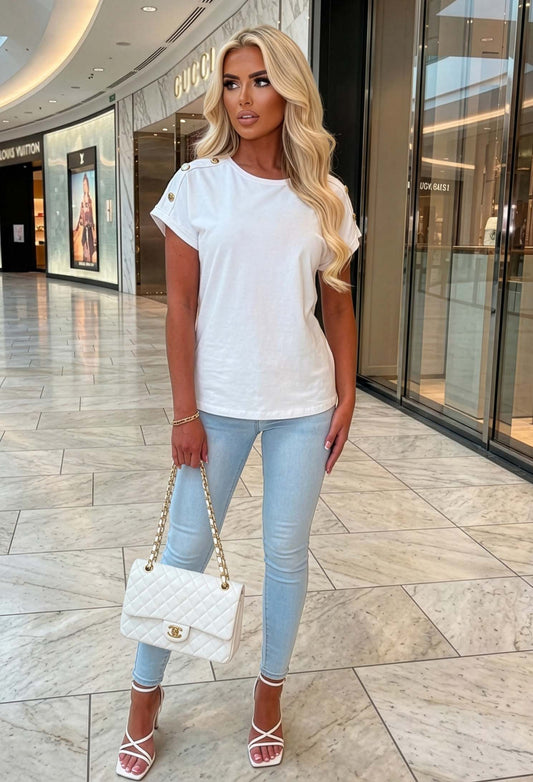 Holly White Basic Gold Button T-shirt