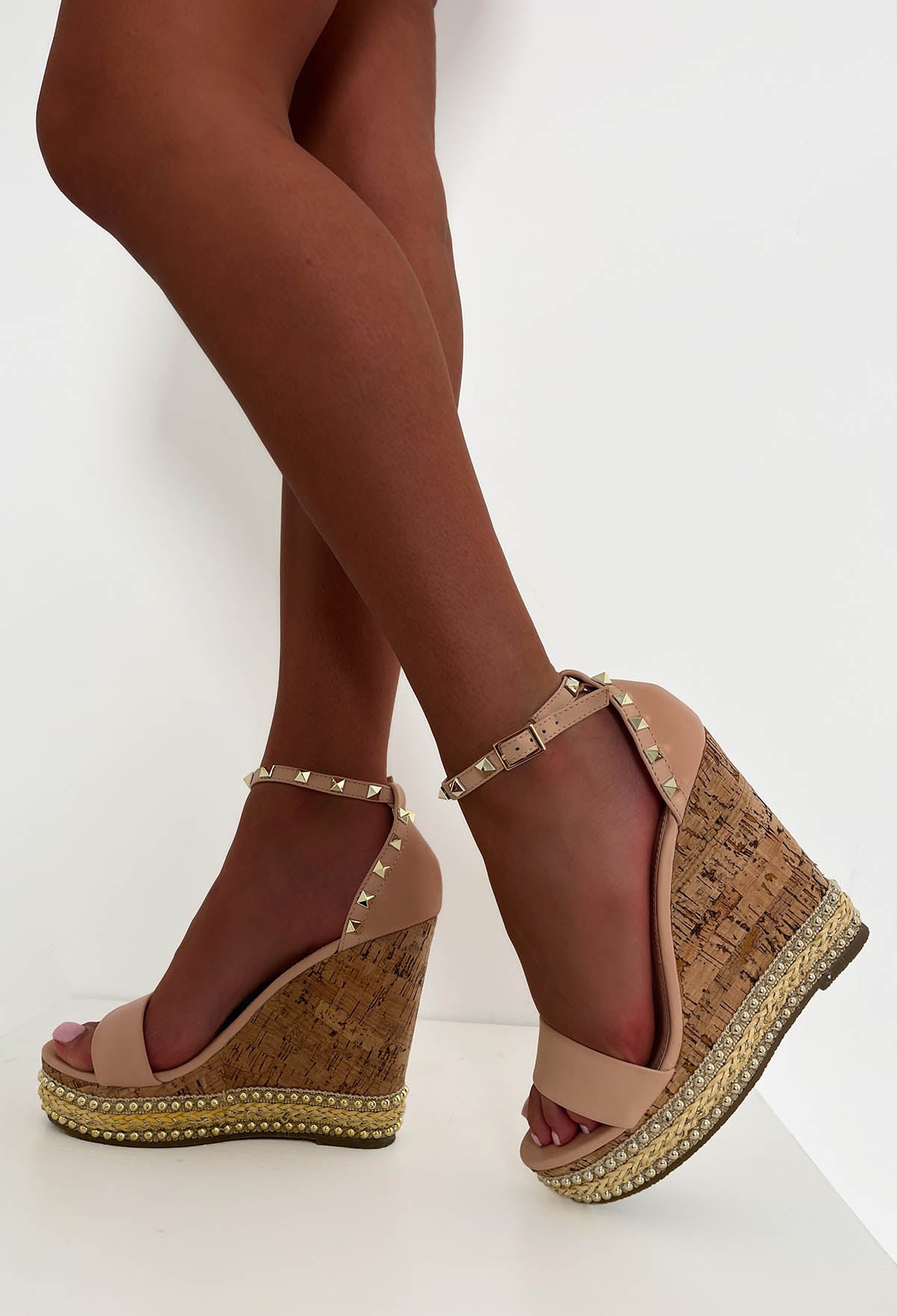 Island Luxe Nude Cork Studded Wedges With Stud Detail