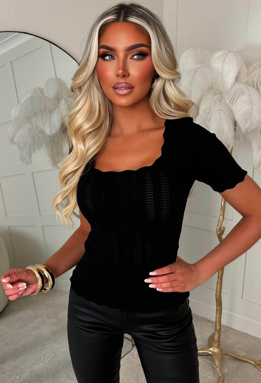 Kaz Black Pointelle Square Neck Short Sleeve Knit Top