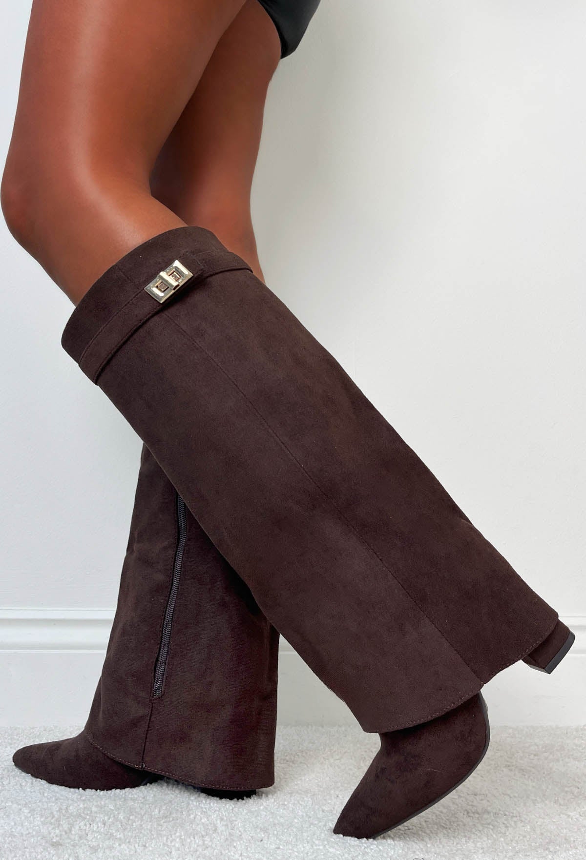 Keep It A Secret Brown Faux Suede Fold Over Knee High Lock Shark Boots