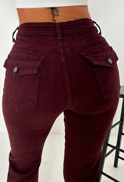 Kim Wine Stretch Fitted & Flared Mid Rise Jeans