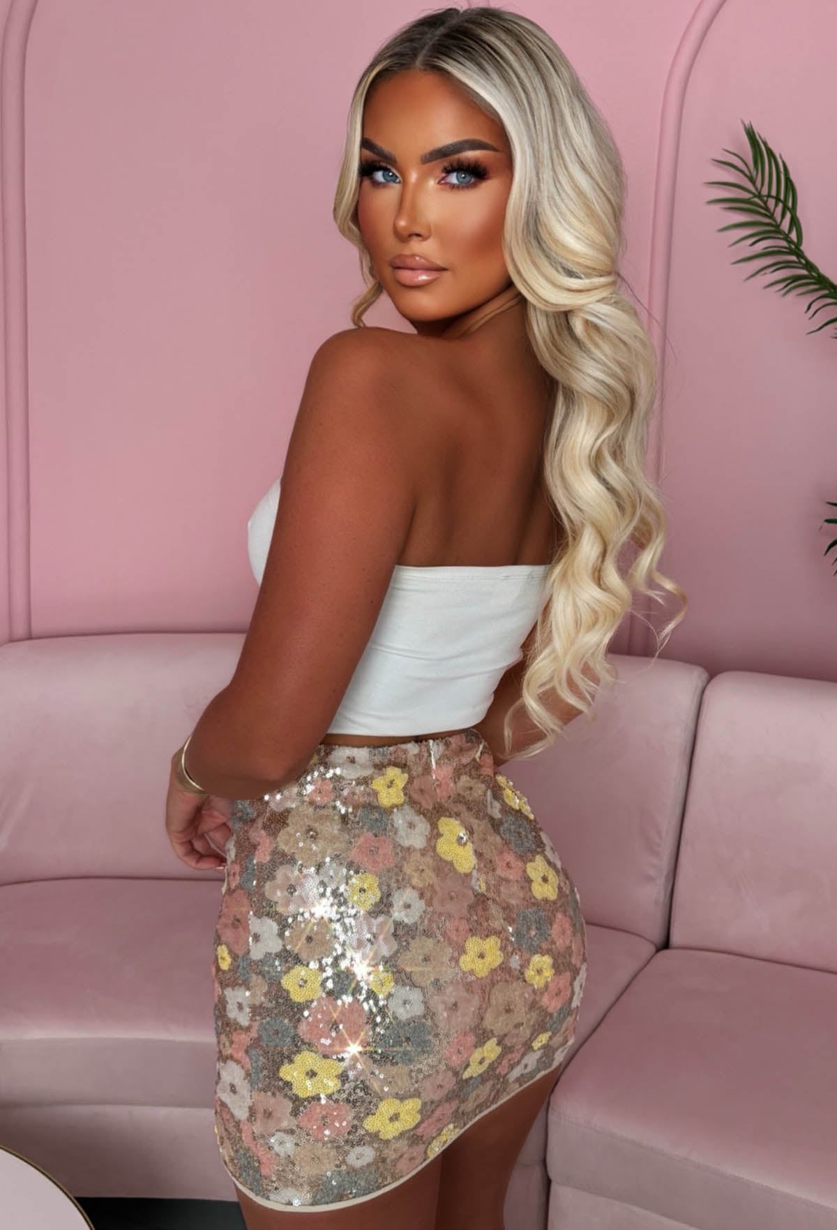 Kristena Rose Gold Flower Sequin Mini Skirt