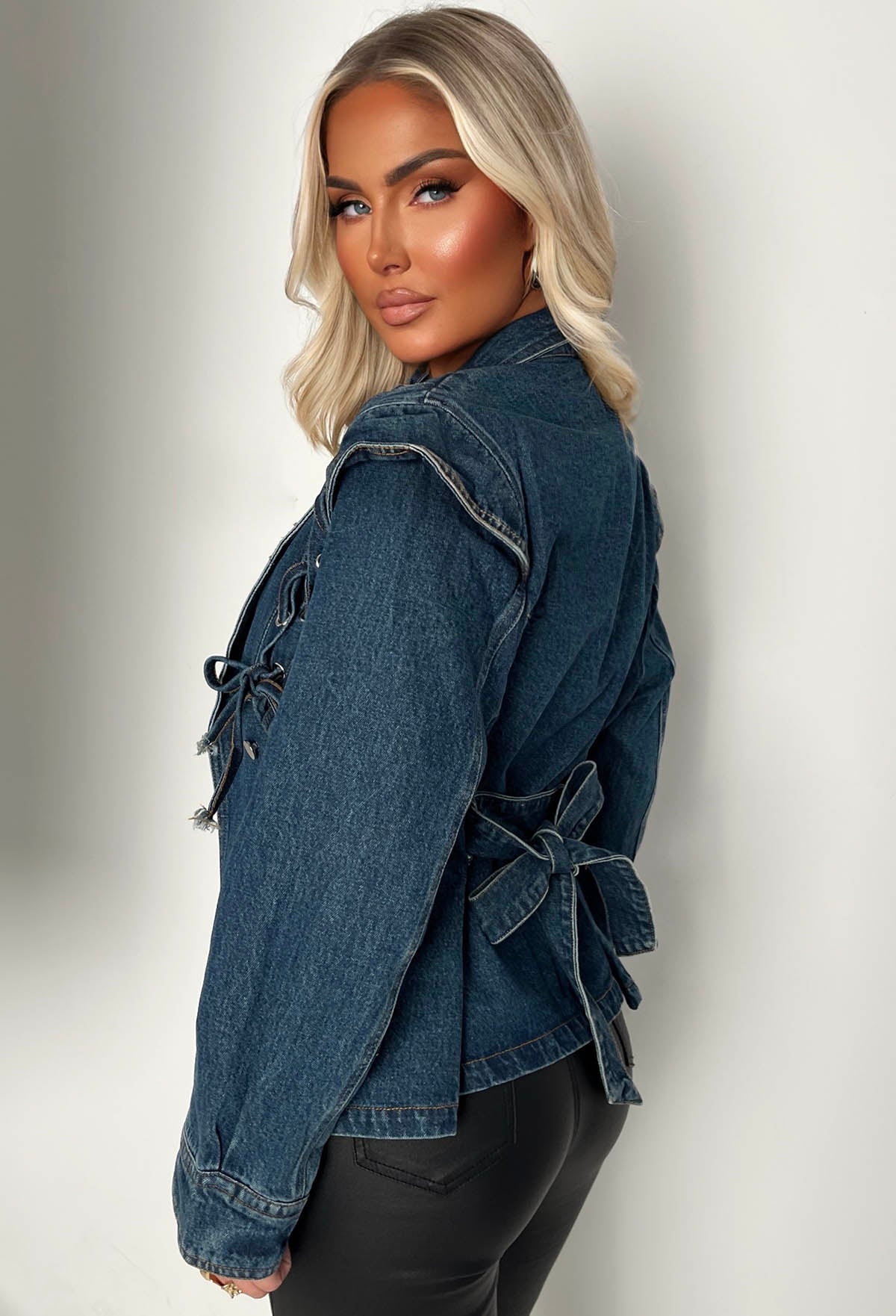 Laced Up Mid Blue Belted Fitted Denim Jacket