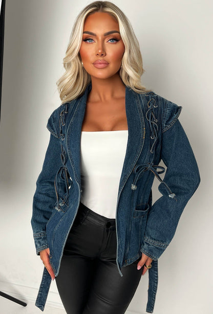 Laced Up Mid Blue Belted Fitted Denim Jacket