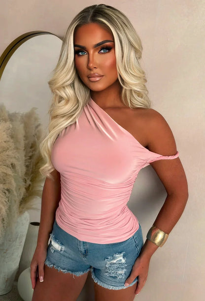 Let Me Go Light Pink One Shoulder Twist Stretch Top