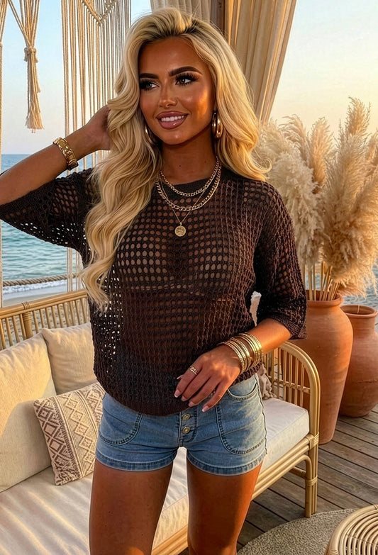 Let Your Dreams In Brown Loose Net Knitted Crochet Top