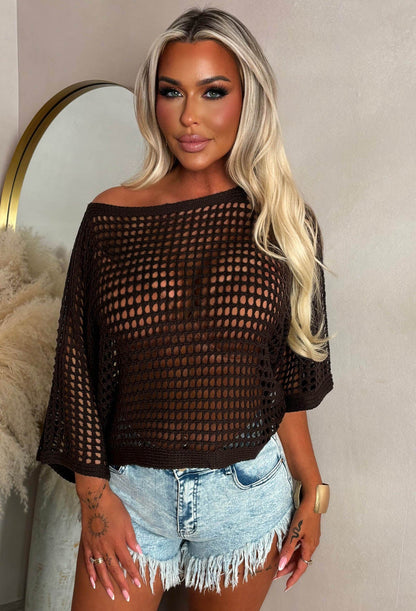 Let Your Dreams In Brown Loose Net Knitted Crochet Top