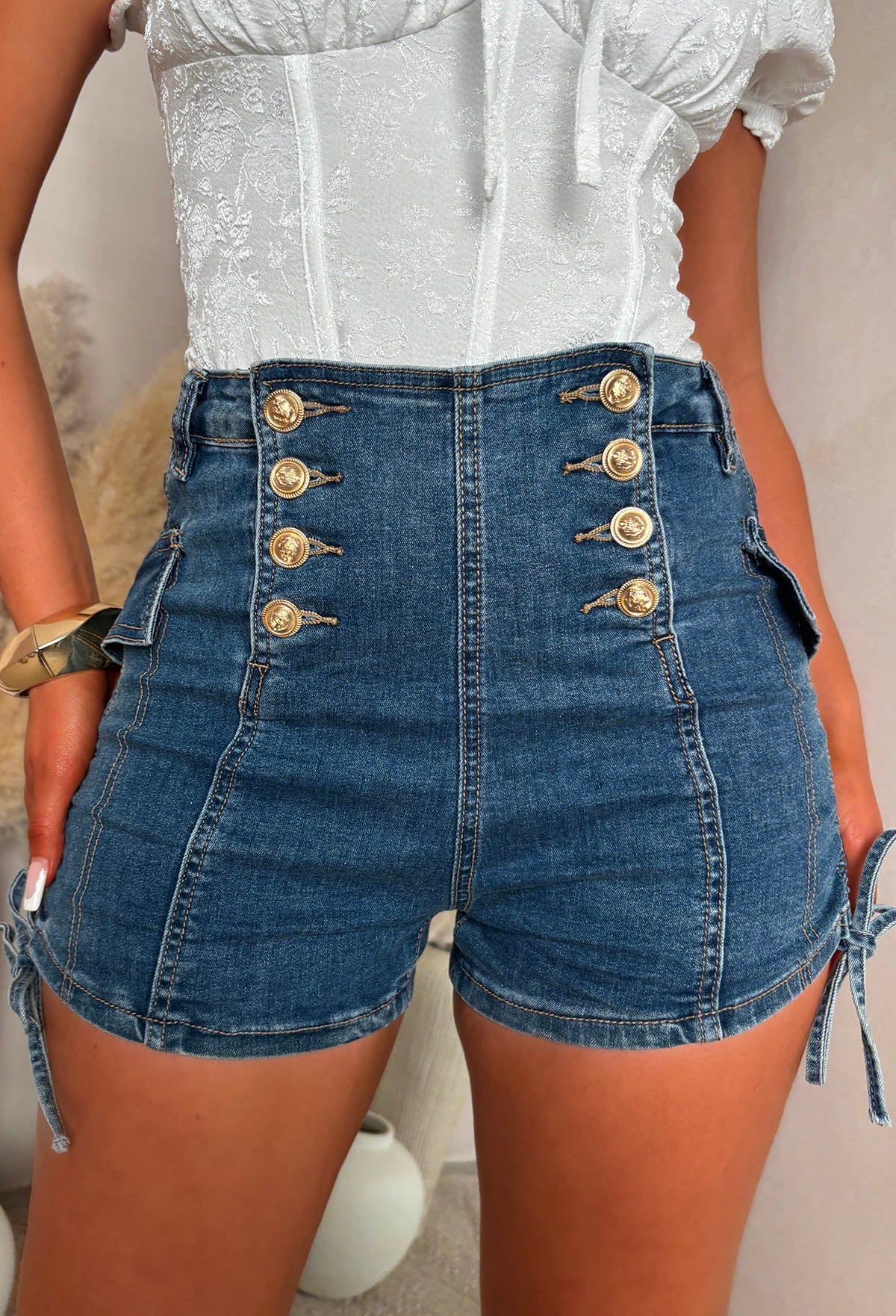 Lili Mid Wash Stretch Denim Gold Button Shorts