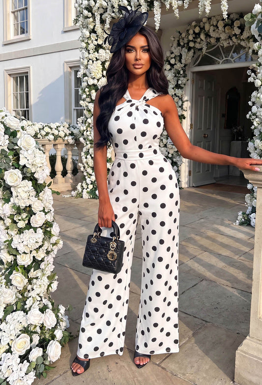 Look Like A Lady White Twist Neck Polka Dot Jumpsuit