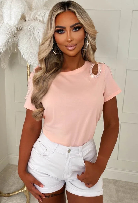 Love And Light Pink Cut Out Embellished T-shirt