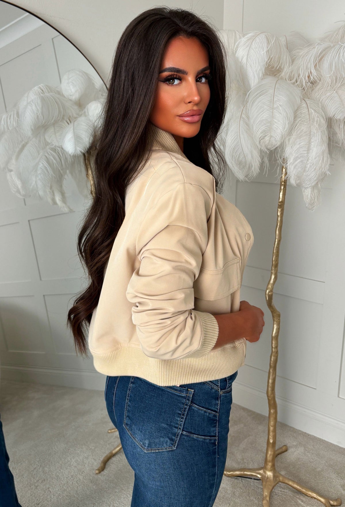 Love The Chase Beige Front Pocket Bomber Jacket