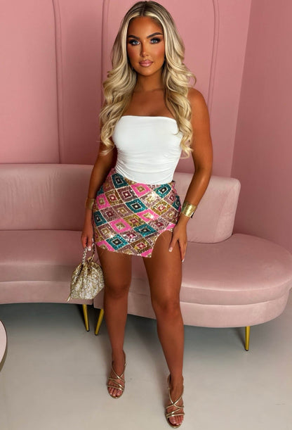 Lovers Rock Multi Diamond Sequin Skirt With Slit