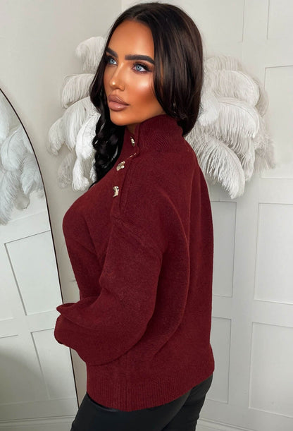 Luxe Chic Berry Gold Button Detail High Neck Jumper