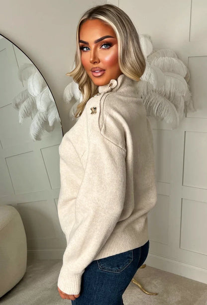 Luxe Chic Stone Gold Button Detail High Neck Jumper