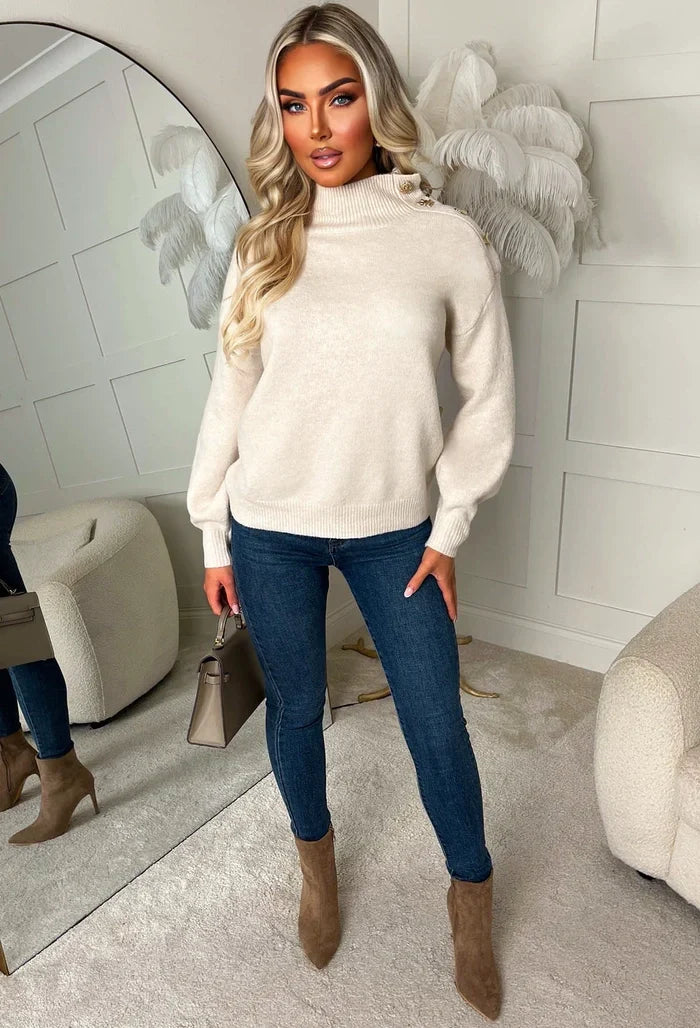 Luxe Chic Stone Gold Button Detail High Neck Jumper