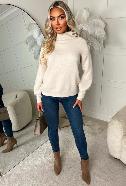 Luxe Chic Stone Gold Button Detail High Neck Jumper