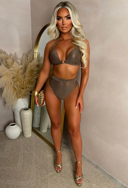 Madagascar Bronze Metallic Snake Gold Buckle High Waist Brief Bikini