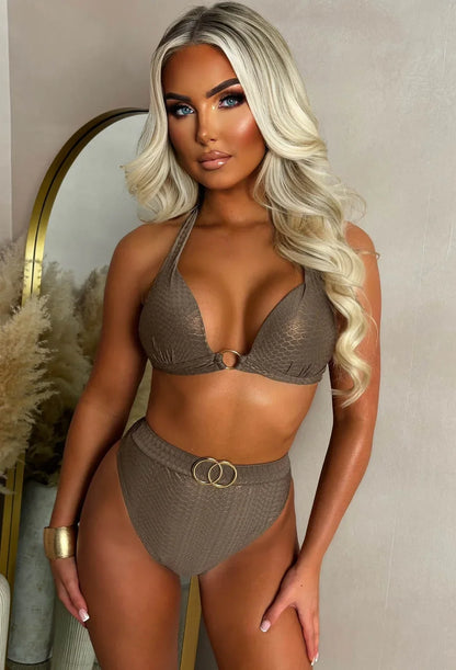 Madagascar Bronze Metallic Snake Gold Buckle High Waist Brief Bikini