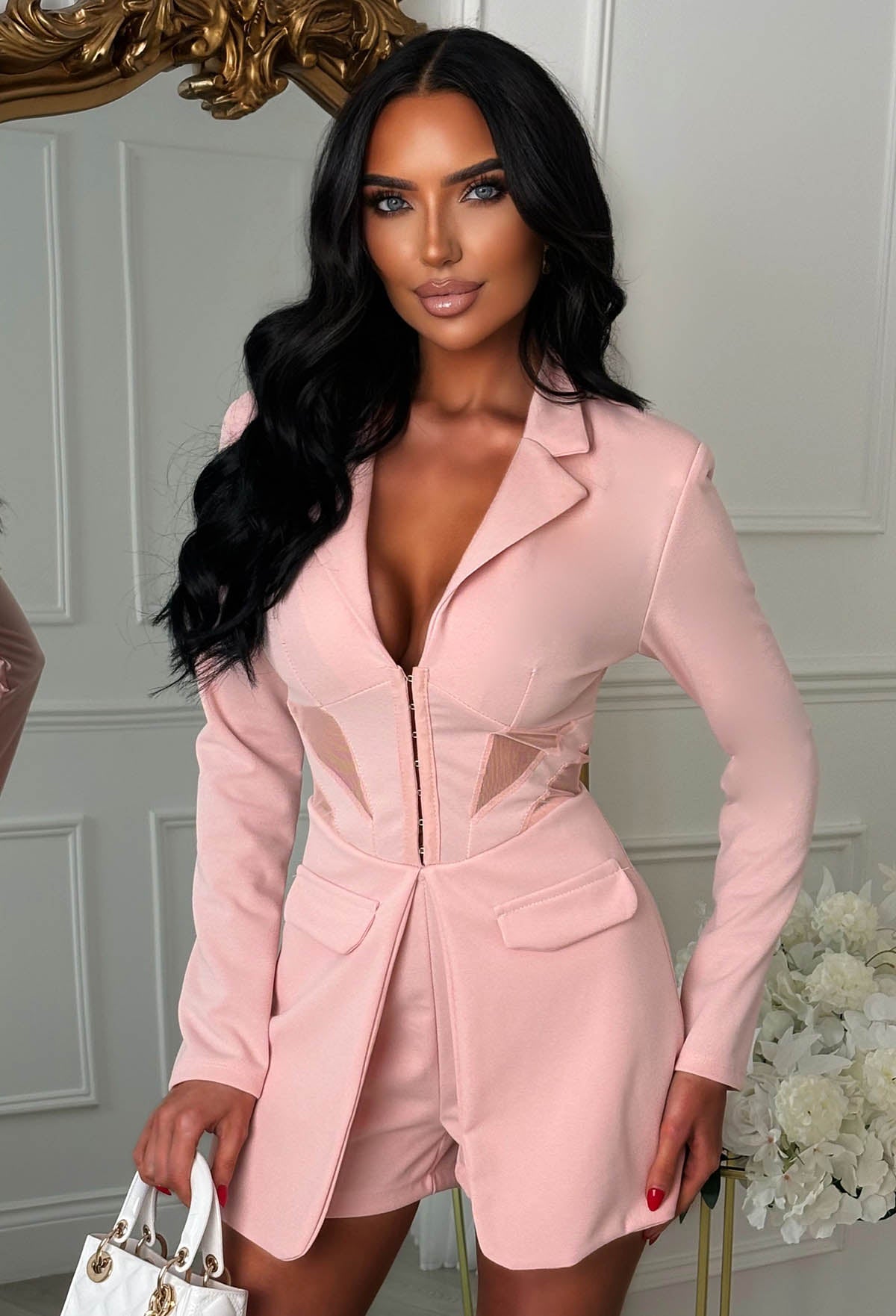 Midnight Chic Pink Corset Effect Playsuit With Mesh Cut Outs